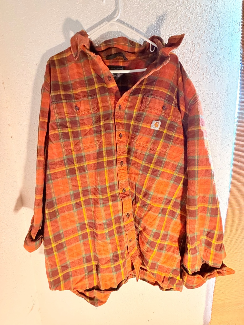 Carhartt Orange and Brown Plaid Loose-Fit Flannel Shirt